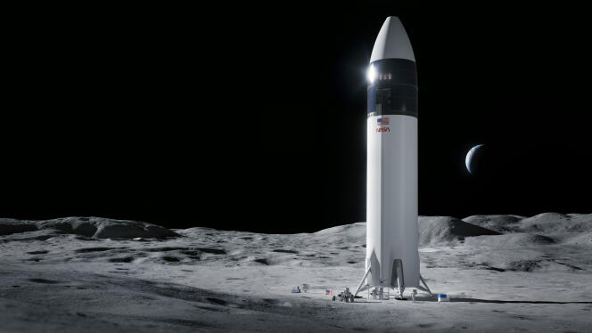 Représentation du prototype de vaisseau spatial Starship de SpaceX, choisi par la NASA pour sa prochaine mission avec équipage vers la Lune.
