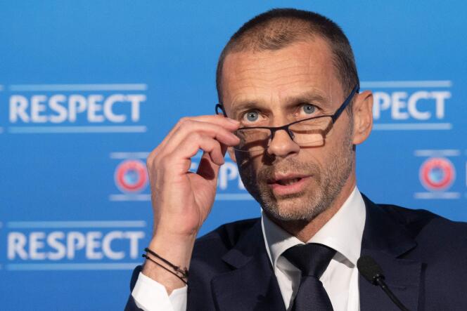Le président de l’UEFA, Aleksander Ceferin, lors d’une conférence de presse à l’issue de la réunion du comité exécutif de l’UEFA, à Montreux, le 19 avril.