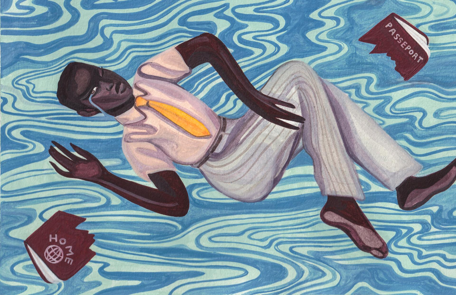 Cette illustration a été inspirée à l’artiste Maty Biayenda par le poème Home, de Warsan Shire, qui paraîtra en français (traduit par Sika Fakambi) aux Éditions Globe au printemps 2022.