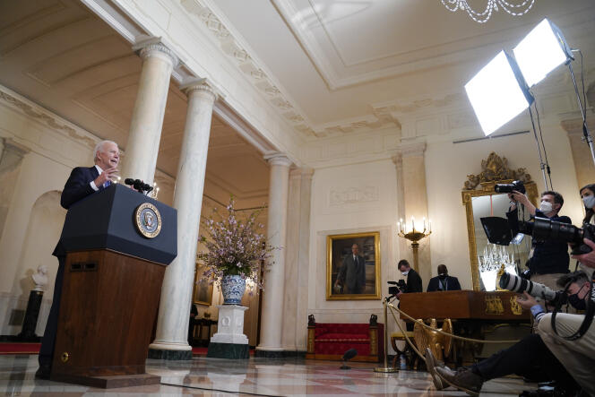 Le président Joe Biden, lors de son allocution télévisée depuis la Maison Blanche, le 20 avril.