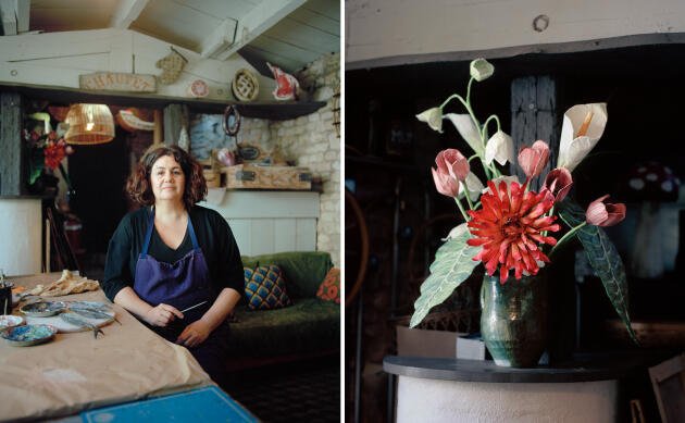 Véronique Chauvet dans sa souillarde (arrière-cuisine) de 10 mètres carrés, au milieu de ses créations en papier mâché.
