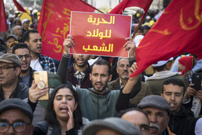 Protesters take part in a demonstration against poverty and the economic situation, called for by the "Moroccan Social Front movement", in Casablanca on February 23, 2020. (Photo by FADEL SENNA / AFP)
