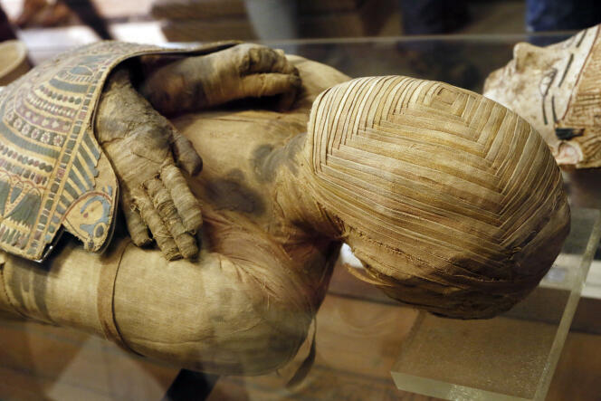 Momie recouverte de ses « cartonnages » en lin, au musée du Louvre.