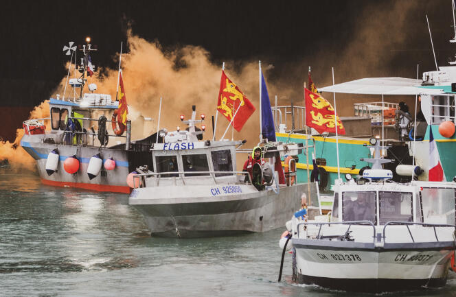 French fishermen angry at the loss of access to the waters demonstrate off the island of Jersey in May 2021.