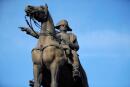The statue of Napoleon I on a horse, by sculptor Charles-Pierre-Victor Pajol (1812-1896), built in 1867 in memory of the battle of Montereau, is seen in Montereau-Fault-Yonne, France, April 20, 2021. Picture taken April 20, 2021. REUTERS/Sarah Meyssonnier