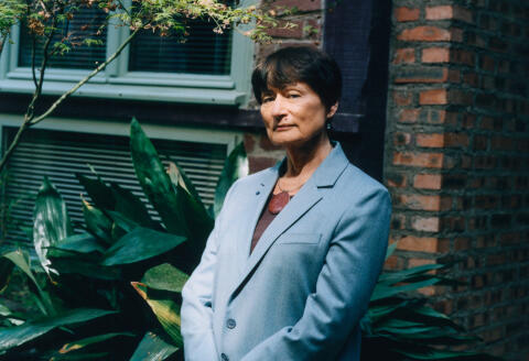 Portrait of Catherine Millet in front of her flat in the 12th arrondissement in Paris. 06/04/2021