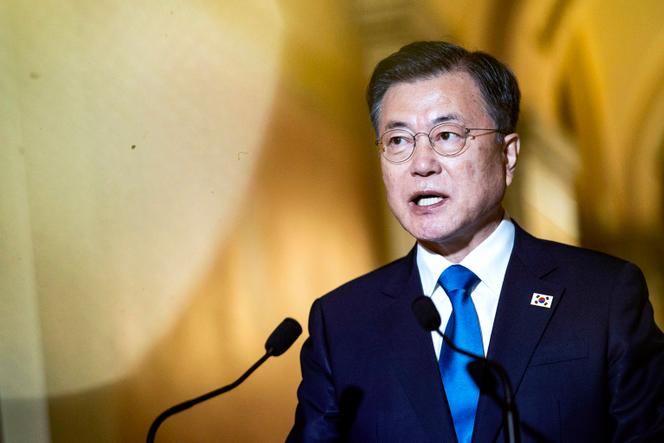 Moon Jae-in, alors président de la Corée du Sud, lors d’une conférence de presse à Washington, le 20 mai 2021.