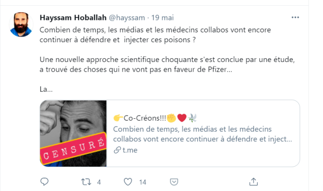 Sur Twitter comme sur YouTube, Hayssam Hobollah reprend le vocabulaire des opposants à la « dictature sanitaire ».