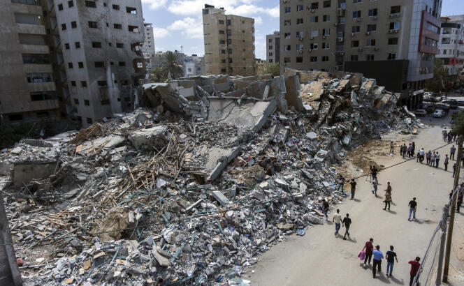 Photo prise par drone le 22 mai 2021 de l’immeuble qui abritait les bureaux de l’agence Associated Press et de la chaîne Al-Jazira, détruit par un tir israélien le 15 mai.
