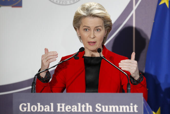 La présidente de la Commission européenne, Ursula von der Leyen, le 21 mai 2021, lors du sommet virtuel sur la santé mondiale, à Rome.