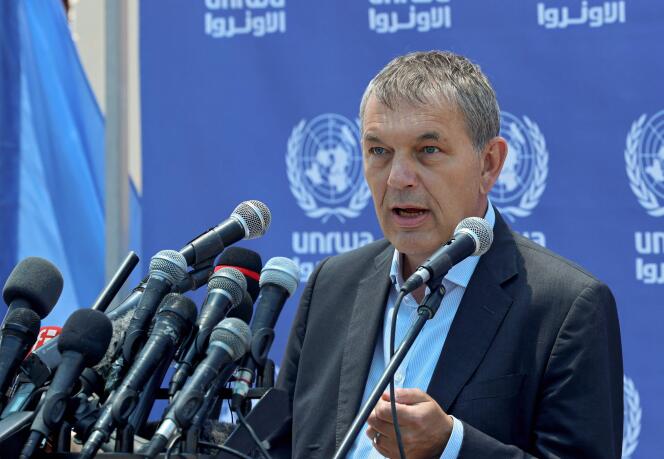 Philippe Lazzarini, commissaire général de l’Office de secours et de travaux des Nations unies pour les réfugiés de Palestine dans le Proche-Orient (UNRWA), s’exprime lors d’une conférence de presse au complexe des Nations unies dans la ville de Gaza, le 23 mai 2021.
