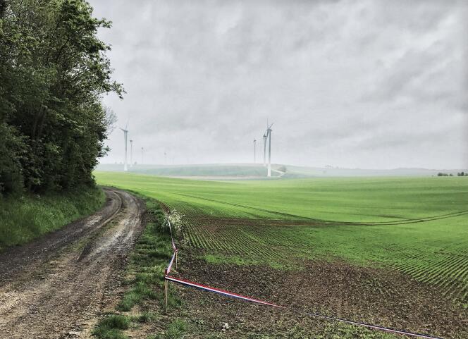 A l’entrée du village, les éoliennes en bleu blanc rouge, à Berlancourt (Aisne), le 15 mai.