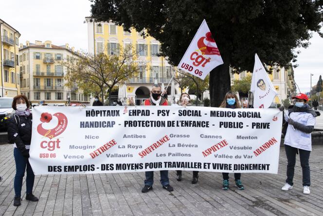 Manifestation de personnels du secteur médico-social organisée par la CGT, à Nice (Alpes-Maritimes), en décembre 2020.