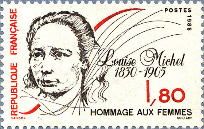 « Louise Michel », timbre-poste paru en 1986, dessiné par Huguette Sainson, gravé en taille-douce par Cécile Guillame.