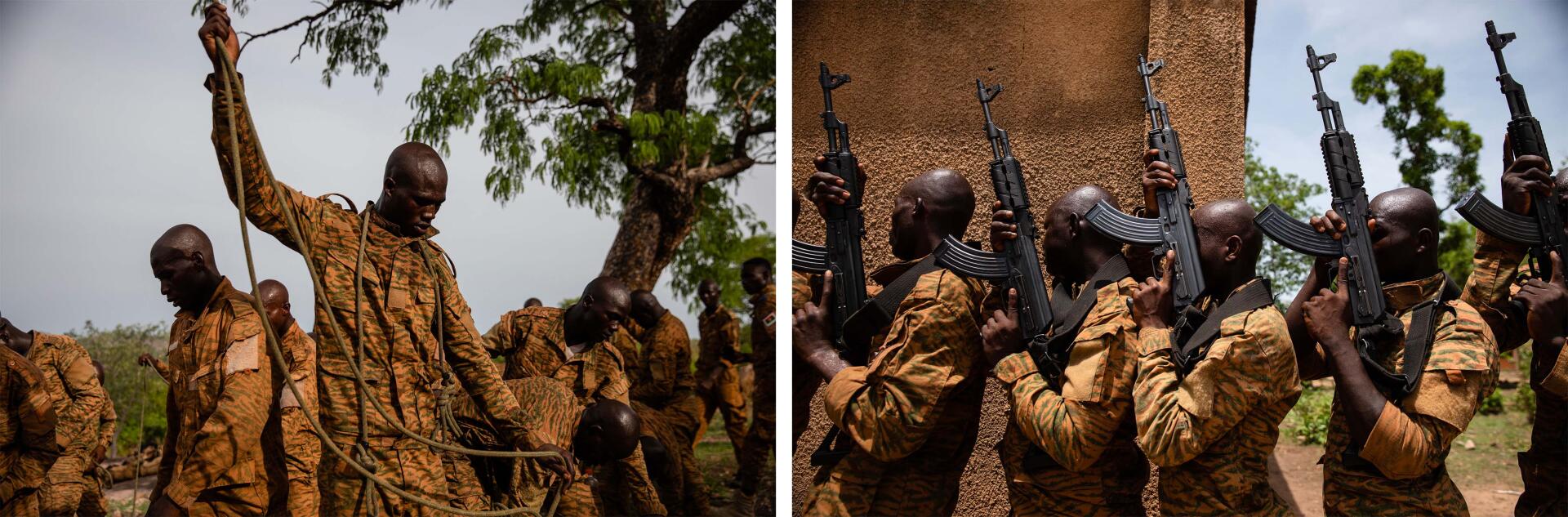 Au Centre d’entraînement commando et de formation aux opérations spéciales (CEC-FOS) de Pô au Burkina Faso, le 1er juin 2021, des soldats se préparent pour des parcours suspendus en milieu naturel (à gauche) et effectuent des exercices techniques de combat (à droite).
