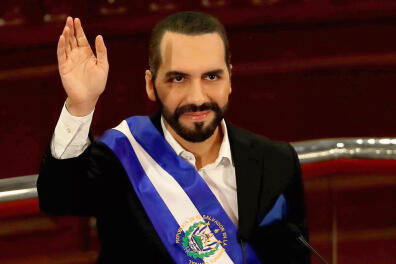 The President of El Salvador, Nayib Bukele, waves during a session in the Legislative Assembly for the second anniversary of his Government, in San Salvador, El Salvador, 01 June 2021. Bukele promised this Tuesday in a speech to the nation, within the framework of his second year in office, that as long as God 'gives him strength' he will not allow the country 'to regress to the system that generated crime, corruption and poverty.' EFE/Rodrigo Sura//EFE_20210602-637582144259015250/2106020735/Credit:Rodrigo Sura/EFE/SIPA/2106020753