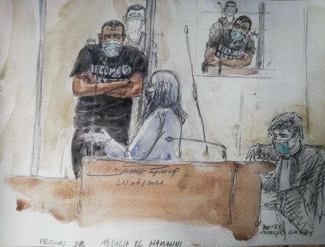 Dessin du procès d’Abdallah El-Hamahmy à Paris le 21 juin.