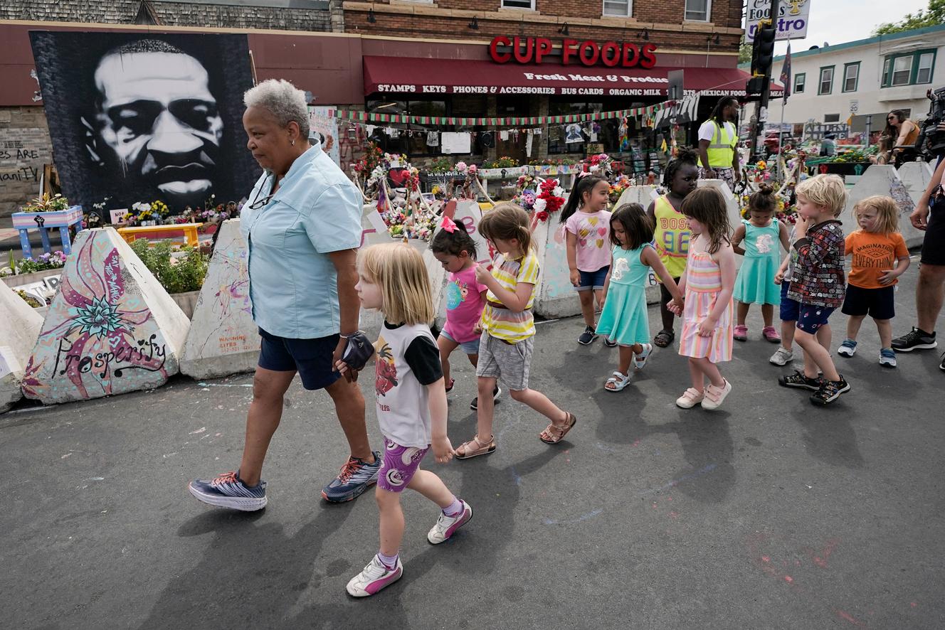 Kindergarten students at the site of George Floyd's death on May 25, 2020.