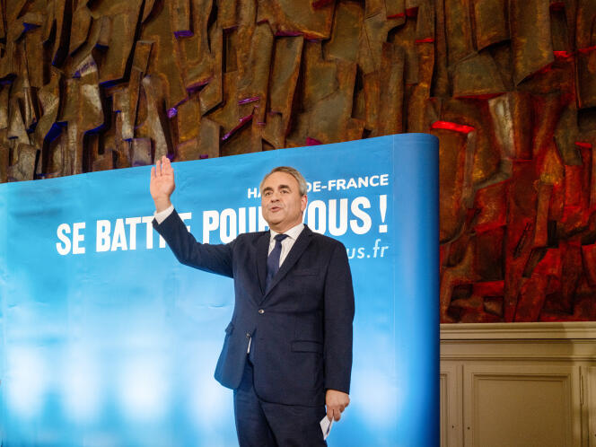 Xavier Bertrand, réélu à la tête des Hauts-de-France, à Saint-Quentin (Aisne), dimanche 27 juin 2021.