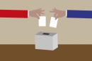 Red and blue arms voting in ballot box election
