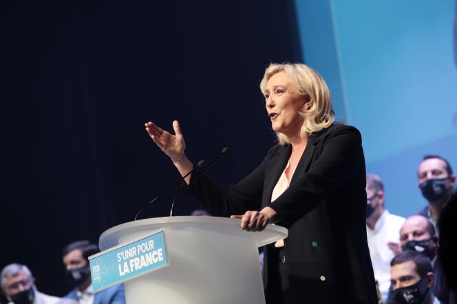 Discours de Marine Le Pen lors de la deuxième journée du congrès du RN, à Perpignan, le 4 juillet 2021.