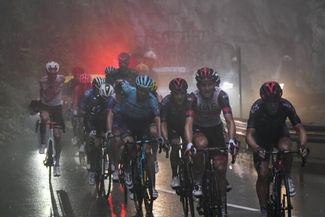 Les coureurs grimpent le col de la Colombière pour arriver au Grand-Bornand (Haute-Savoie), lors de la huitième étape du Tour de France, le 3 juillet 2021.