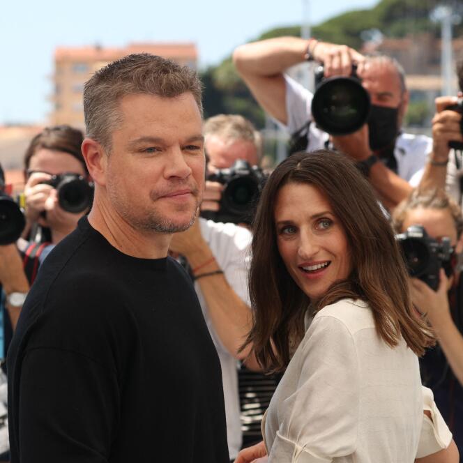 Camille Cottin et Matt Damon, lors de la promotion de « Stillwater », à Cannes, en 2021.
