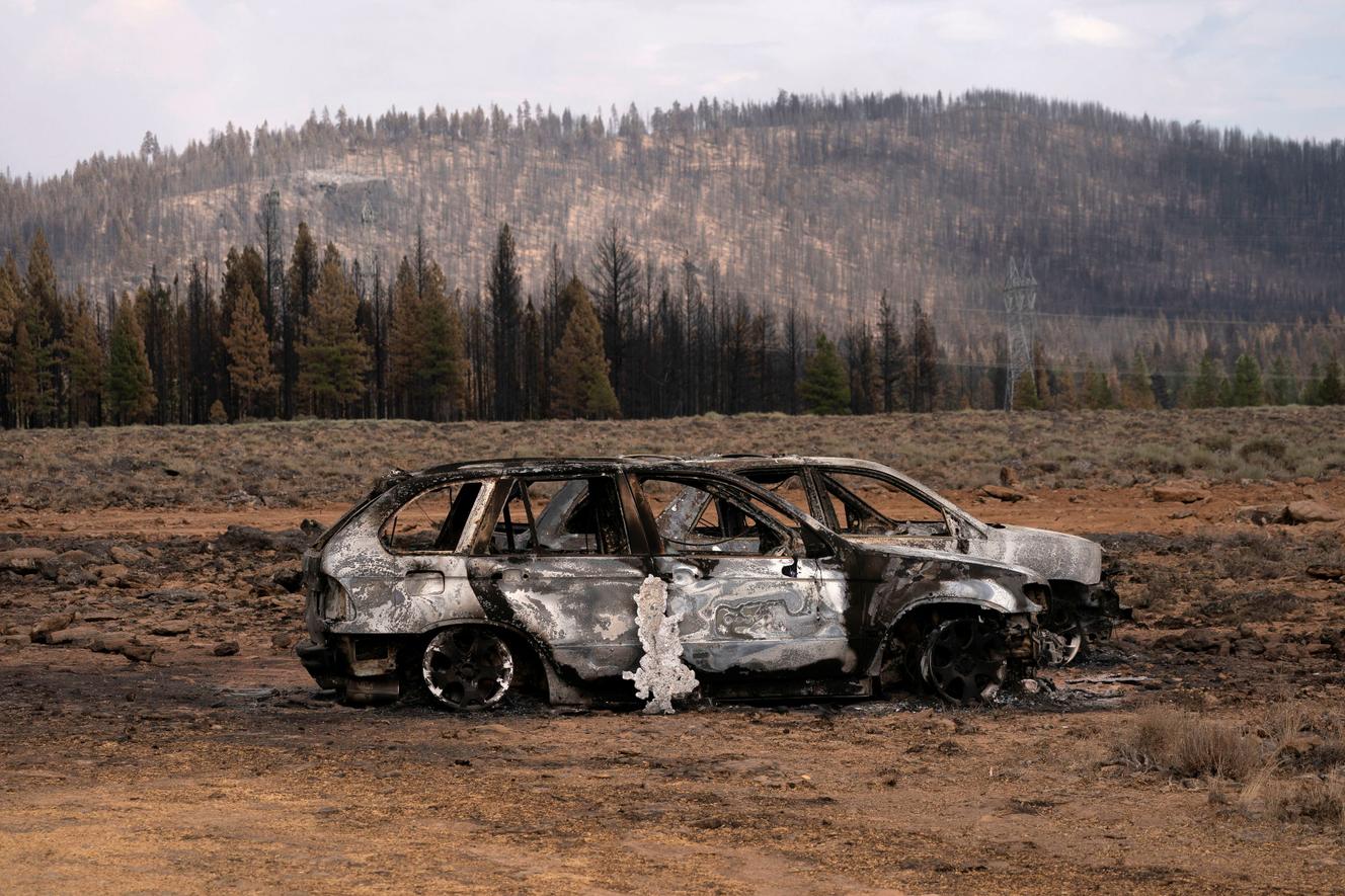 Remains of cars destroyed by the Bootleg fire near Beatty, Oregon on July 21, 2021.