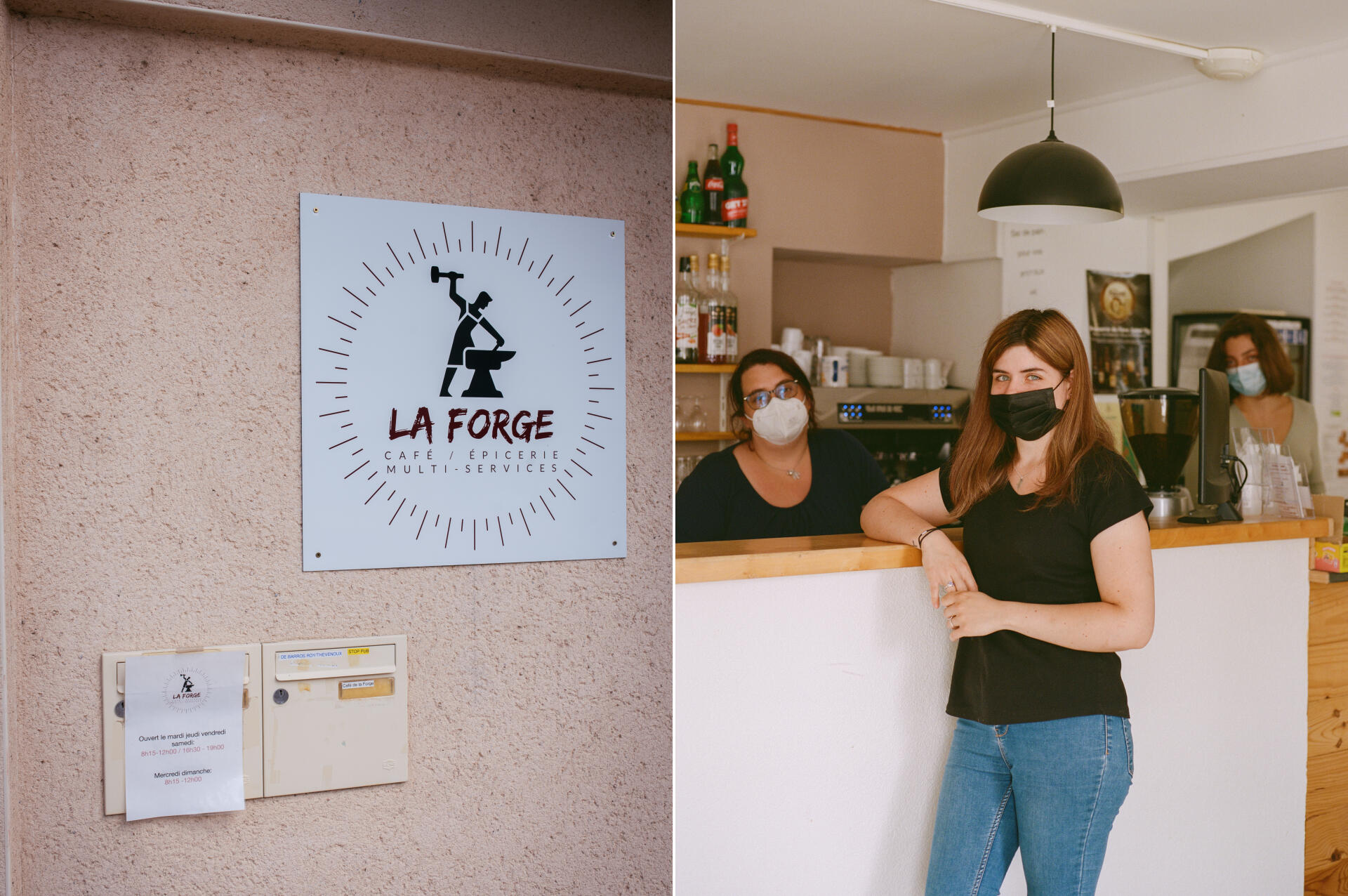 Sandra de Barros, propriétaire du bar La Forge à Montcombroux-les-Mines, dans l’Allier, le 23 juin 2021. Derrière le comptoir, Océane, sa belle sœur, et Bérénice, une stagiaire.