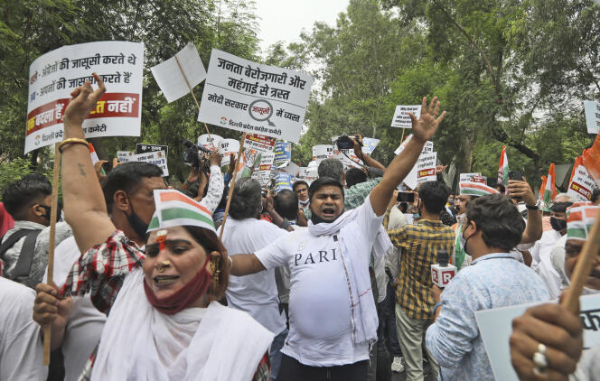 Une manifestation du Parti du Congrès, après les révélations de l’affaire Pegasus, le 20 juillet 2021, à New Delhi.