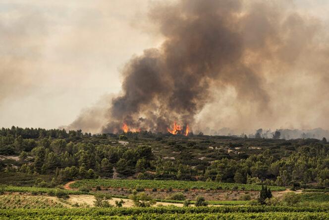 L’incendie vu depuis la ville de Fabrezan, dans l’Aude, le 24 juillet 2021.