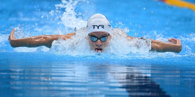 Léon Marchand during the 400m medley series at the Tokyo Olympics, July 24, 2021.