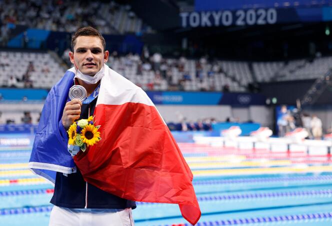 Le nageur Florent Manaudou, médaillé d’argent après la finale du 50 m nage libre hommes, aux Jeux olympiques de Tokyo, le 1er août 2021.