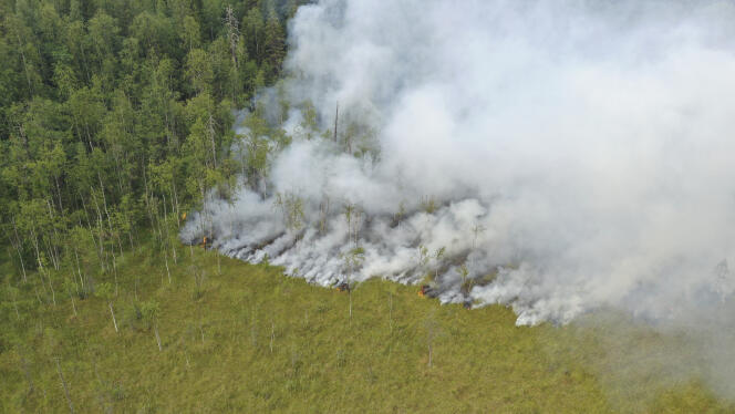 Vue aérienne d’un feu de forêt dans le district de Priajinski de la République de Carélie, en Russie, le 21 juillet 2021.