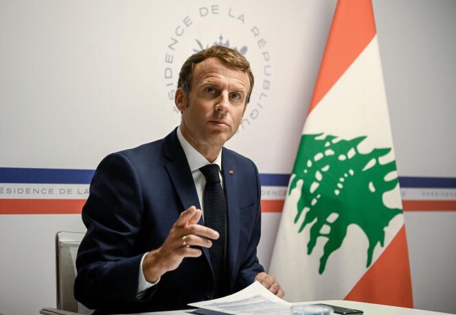 Emmanuel Macron évoquant l’explosion de Beyrouth, un après l’accident, le 4 août 2021.