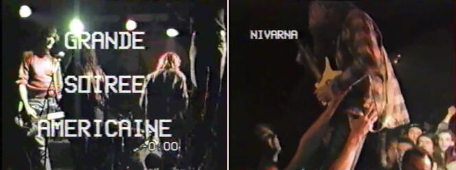 Capture d’écran de la vidéo réalisée lors du premier concert français de Nirvana – le nom du groupe est mal orthographié –, à la MJC d’Issy-les-Moulineaux (Hauts-de-Seine). A gauche,  Krist Novoselic, à droite, Kurt Cobain porté par le public.