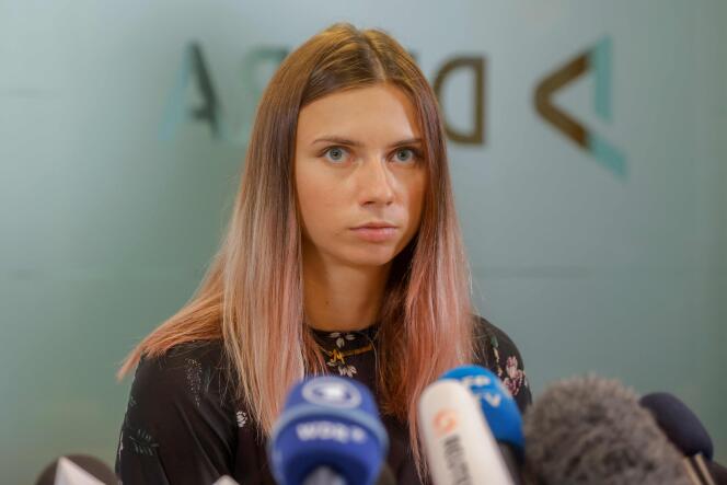 Kristina Timanovskaïa en conférence de presse à Varsovie, le 5 août 2021.