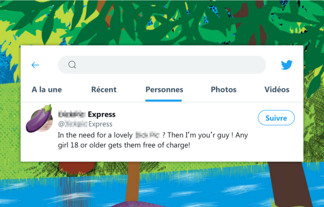 Capture d'écran d'un compte répertoriant des photos de pénis sur Twitter.