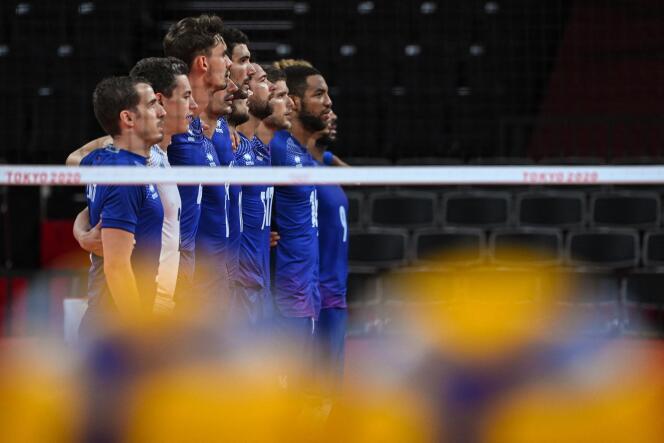 The French volleyball team during the final of the Tokyo Olympics, August 7, 2021. The French won the first gold medal in their history against Russia.