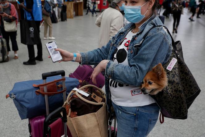 Une passagère munie du bracelet bleu prouvant la validité de son passe sanitaire pour prendre son train, à la gare de Lyon à Paris, le 9 août.
