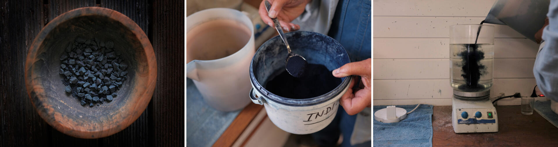 From left to right, raw pastel pigment.  To prepare the mother tank, Denise adds a little powder of natural indigo pigment to the pastel, which gives a darker color.  The contents are then poured into a beaker placed on a heated magnetic stirrer.