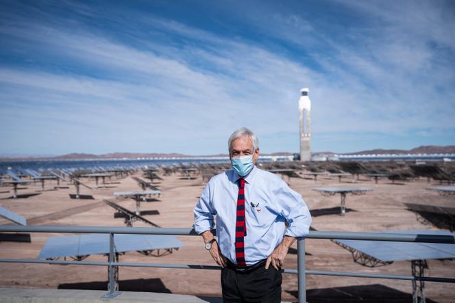 Le président chilien Sebastian Piñera lors de l’inauguration d’une centrale solaire à Antofagasta, dans le désert d’Atacama, le 8 juin 2021.