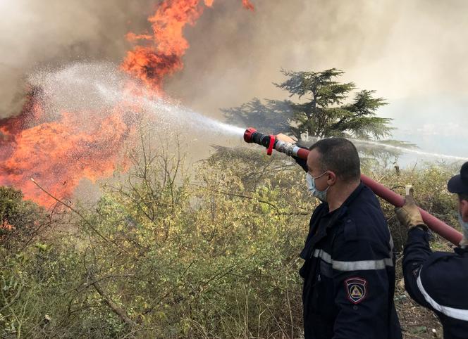 Bomberos en las montañas de Cabilia, región de Tizi Ouzou, 13 de agosto de 2021.