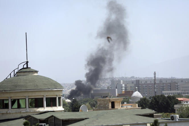 Smoke rises near the US Embassy in Kabul, Afghanistan, Sunday August 15.