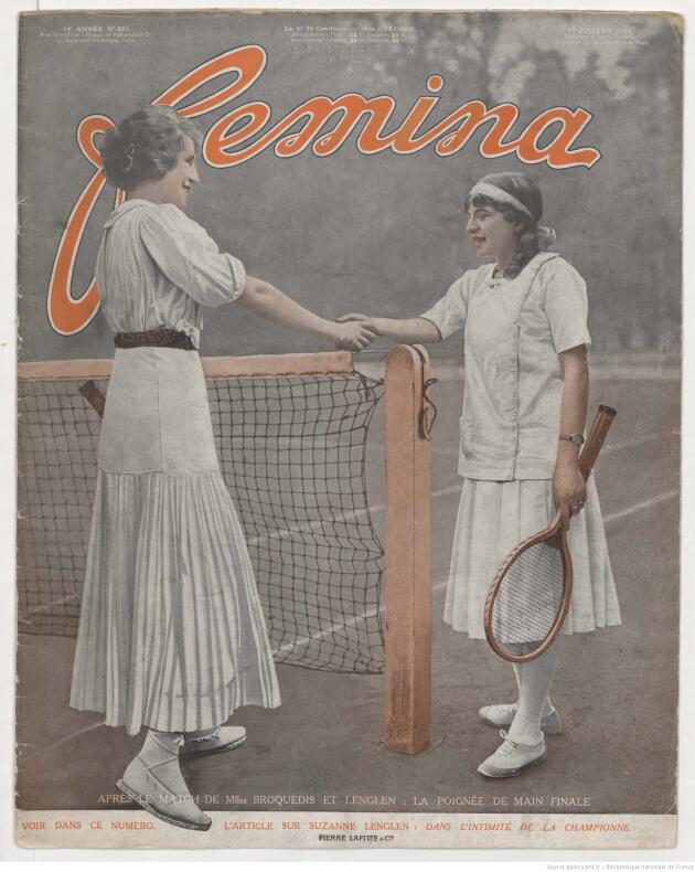 Couverture du numéro 323 du magazine « Femina » daté du 1er juillet 1914 et représentant Suzanne Lenglen et Marguerite Broquedis après la finale du championnat de France.