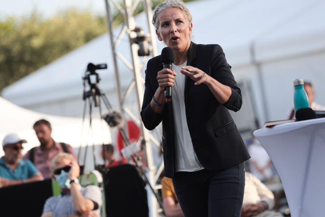 The environmentalist primary candidate Delphine Batho speaks at the Ecologist Summer Days, in Poitiers, on August 20, 2021.