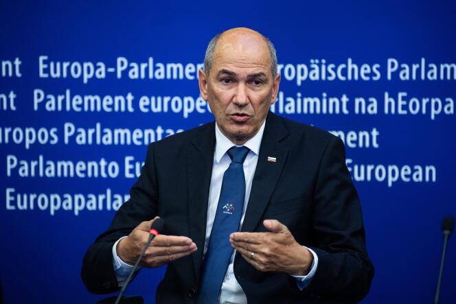 Le premier ministre slovène, Janez Jansa, le 6 juillet 2021, au Parlement européen, à Strasbourg.