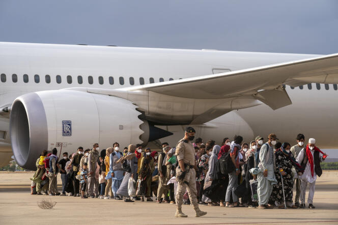 Afghans exfiltrated at the Torrejon military base in Madrid on August 23, 2021.