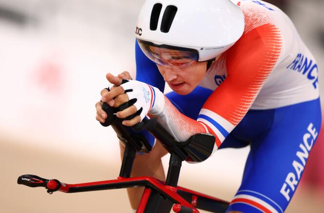 Le cycliste Alexandre Léauté lors de la compétition olympique de poursuite individuelle, à Tokyo, jeudi 26 août 2021.