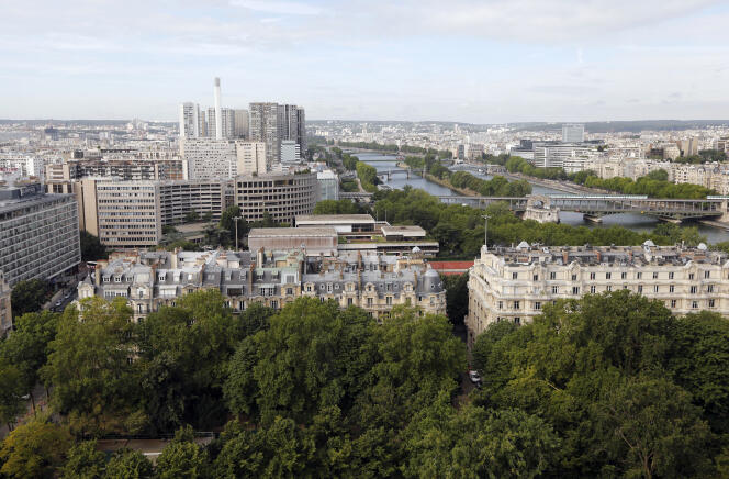 Vue partielle de Paris avec l’île aux Cygnes et le pont Bir-Hakeim (au centre), et les immeubles du « Front de Seine » (à gauche), le 31 juillet 2012.